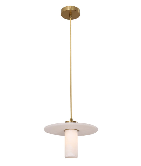 LUCERNA: Interior Cylinder Round Hat Alabaster Shade Brass Highlight Pendant Light