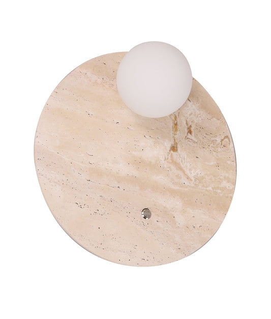 POI: Interior Round Travertine Base with Beige Finish & Round Opal Diffuser Wall Light