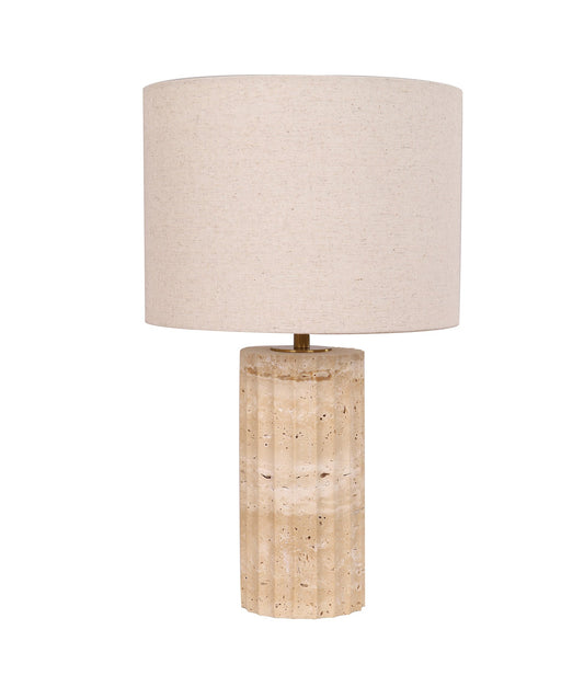 SAGITTA: Beige Travertine Base Oblong Fabric Cream Shade Table Lamps